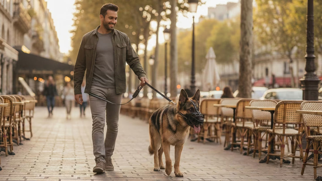 Chien portant une muselière panier ventilée lors d'une promenade en ville, langue sortie signe de confort