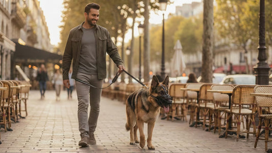 Chien portant une muselière panier ventilée lors d'une promenade en ville, langue sortie signe de confort