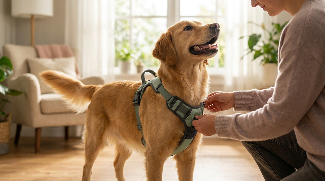 Ajustement d'un harnais pour chien : une personne règle le harnais vert d'un golden retriever