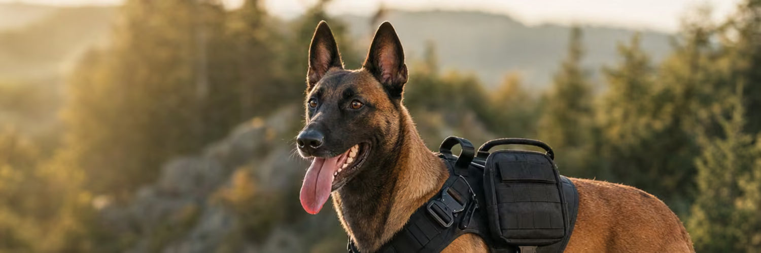 Malinois équipé d'un harnais tactique noir MOLLE — collection Harnais pour chien K9 Unit