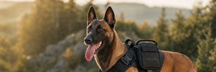 Malinois équipé d'un harnais tactique noir MOLLE — collection Harnais pour chien K9 Unit