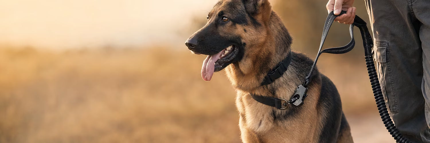 Berger allemand assis tenu en laisse élastique ShockSafe noire — collection Laisses pour chien K9 Unit
