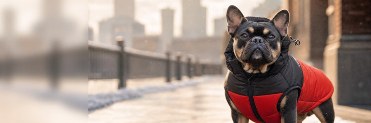 Bouledogue français en manteau matelassé rouge et noir en ville — collection Manteaux pour petits chiens K9 Unit