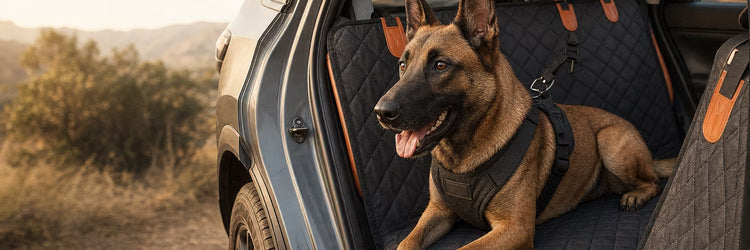 Malinois couché sur la housse GuardShield installée sur la banquette arrière — collection Transport pour chien K9 Unit