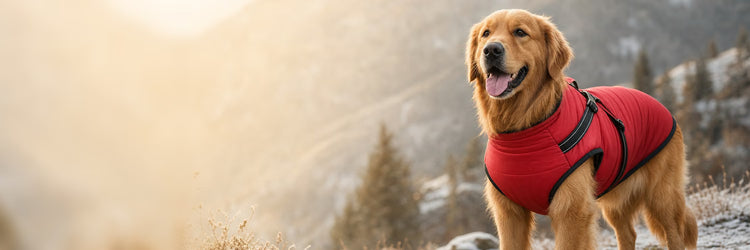 Golden retriever en veste matelassée rouge en montagne enneigée — collection Vêtements pour chien K9 Unit