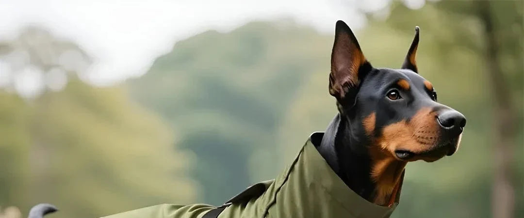 Dobermann portant un manteau vert, sélection Manteaux de pluie pour chien